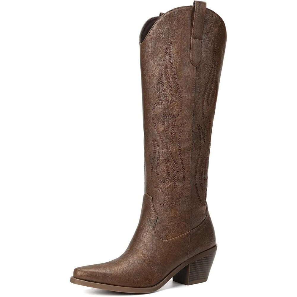 Women's Bronze Leather Pointed Toe Chunky Heel Knee High Western Cowgirl Boots